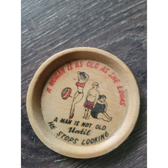 4pc wooden beer drink bar coasters funny jokes graphics 3.5 in Japan vtg 1950s - Picture 8 of 8